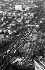 Magyarország, Budapest XI., légifotó az M1-M7 bevezető szakaszáról és a Budaörsi út környékéről. A felvétel a taxisblokád idején, 1990. október 26-án készült., 1990, Szalay Zoltán, légi felvétel, sztrájk, Budapest, közlekedési dugó, Fortepan #138523