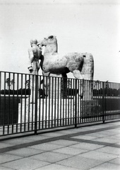 Németország, Berlin, Maifeld az Olimpiai Stadion felől nézve, előtérben a „Rosseführer“ című szobor (Josef Wackerle, 1936.)., 1939, Mezey Ferenc, szobor, Berlini Olimpia, lovas szobor, szoborcsoport, Joseph Wackerle-terv, Fortepan #139669