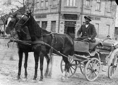 Magyarország, Dombóvár, szemben a Hunyadi tér és a Jókai utca sarkán a Rothermel-ház., 1914, Erky-Nagy Tibor, cégtábla, ló, hintó, fogat, férfi, kocsis, Fortepan #13983