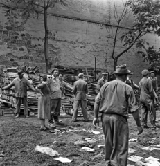 Hungary, Jászberény, a felvétel a Táncsics Mihály utca 11. számú ház bontásán készült., 1959, Morvay Kinga, worker, building material, Fortepan #140536