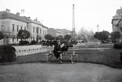 Magyarország, Jászberény, Lehel vezér (Apponyi) tér., 1940, Morvay Kinga, kutya, szekér, padon állni, Fortepan #140606