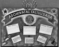 1952, Morvay Kinga, Lenin-ábrázolás, Sztálin ábrázolás, Rákosi-címer, vörös csillag, faliújság, Fortepan #140610