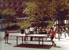 Hungary, Budapest I., játszótér, háttérben a Krisztina körút 99. számú ház., 1965, Hlatky Katalin-Főkert, colorful, tram, table tennis table, Budapest, Fortepan #141203