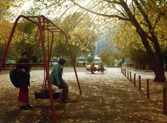 Magyarország, Budapest I., Vérmező, játszótér a Mikó utca közelében. Háttérben jobbra a Kuny Domokos utca házai., 1981, Hlatky Katalin-Főkert, hinta, Budapest, Fortepan #141247