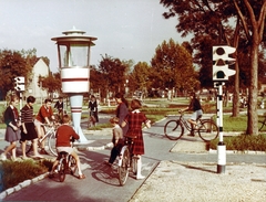 Hungary, Budapest XIII., Gyermek tér, gyermek közlekedési park., 1965, Hlatky Katalin-Főkert, bicycle, colorful, traffic, signal, Budapest, children's traffic park, directing traffic, Fortepan #141263