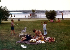 Magyarország, Budapest IX., a mai Nehru part, háttérben a Petőfi híd., 1976, Hlatky Katalin-Főkert, színes, Budapest, Duna-híd, Álgyay Hubert Pál-terv, Fortepan #141366