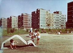 Magyarország, Budapest XIII., Fiastyúk (Thälmann) utcai lakótelep, a Tahi utca 50-54. előtti park., 1963, Hlatky Katalin-Főkert, színes, Budapest, Fortepan #141380