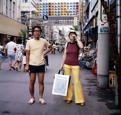 Japán, Maebashi, Ginza-dori., 1978, Bencze László, színes, japán írás, kerékpár, Fortepan #141465