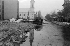 Hungary, Monor, Kossuth Lajos utca, háttérben a református templom., 1969, Péterffy István, church, monument, water surface, puddle, Csepel D450, snow plough, Fortepan #142466