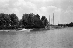 Magyarország, Balatonföldvár, a Badacsony motoros vontató a kikötőnél, szemben a Galamb-sziget., 1961, Chuckyeager tumblr, vitorláshajó, Badacsony hajó, Fortepan #142997