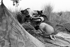 1957, Chuckyeager tumblr, air mattress, tent, motorcycle with sidecar, camouflage pattern, ground cloth, striped dress, pedicure, Fortepan #143036