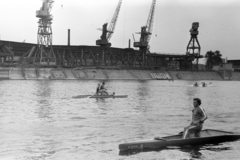 Magyarország, Budapest XIII., Újpesti-öböl a Népsziget felől nézve, a KSI (Központi Sportiskola) kajakosai és kenusai edzésen. Túlparton a Magyar Hajó- és Darugyár Angyalföldi Gyáregysége., 1970, Chuckyeager tumblr, kajak, kenu, Budapest, portáldaru, Fortepan #143310