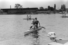 Magyarország, Budapest XIII., Újpesti-öböl a Népsziget felől nézve, a KSI (Központi Sportiskola) kenusai edzésen. Túlparton a Magyar Hajó- és Darugyár Angyalföldi Gyáregysége., 1970, Chuckyeager tumblr, motorcsónak, kenu, Budapest, Fortepan #143311