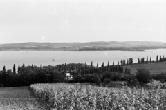 Magyarország,Balaton, Tihany, kilátás Szántód felé, jobbra a szántódi móló., 1960, Chuckyeager tumblr, rév, Fortepan #143597