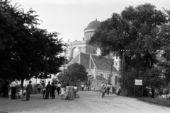 Magyarország, Esztergom, Kolos híd, Kéttornyú templom, mögötte a Bazilika., 1960, Chuckyeager tumblr, kerékpár, Fortepan #143825