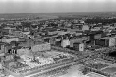 Lengyelország, Varsó, látkép a Kultúra és Tudomány Palotájából délkelet felé, jobbra lent az ulica Marszalkowska - Aleje Jerozolimskie kereszteződés., 1960, Chuckyeager tumblr, madártávlat, Fortepan #143873