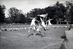 Magyarország,Szentendrei-sziget, Tahitótfalu, a Budapesten működő német birodalmi iskola sportrendezvénye a Pokol csárda melletti sportpályán., 1941, Sattler Katalin, mutatvány, Rhönrad, ördögkerék, Fortepan #146320