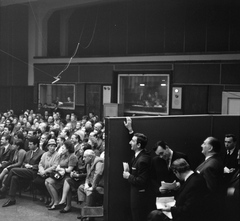 Hungary, Budapest VIII., a Magyar Rádió 6-os stúdiója, BÚÉK - 1966! A Rádió szilveszteri műsorának felvétele. A paravánnál Garas Dezső, Rátonyi Róbert, Greguss Zoltán színművészek., 1965, Szalay Zoltán, Budapest, Hungarian Radio, Fortepan #146833