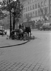 Magyarország, Budapest VI., Teréz (Lenin) körút az Aradi utcától a Nyugati pályaudvar felé nézve. Szemben a Joli eszpresszó a Teréz körút 25. (Lenin körút 79.) alatt., 1955, Barbjerik Ferenc, Budapest, lovaskocsi, lomb, Fortepan #148421