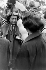 Hungary, Budapest, május 1-i felvonulók., 1958, Barbjerik Ferenc, 1st of May parade, Effects of the 1956 Revolution, sitting on the shoulders, Fortepan #148472