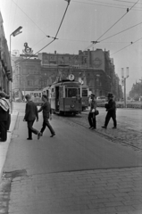 Lengyelország, Katowice, ulica Warszawska a Rynek felé nézve, szemben jobbra az ulica Mickiewicza torkolata., 1963, Barbjerik Ferenc, villamos, Fortepan #148711