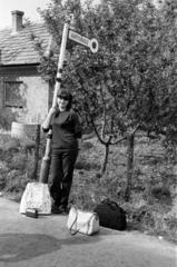 Hungary, Budapest II.,Solymár, a Hidegkúti út a városhatárnál., 1965, Barbjerik Ferenc, bus stop, bag, portable radio, Budapest, Fortepan #148867