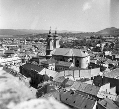 Magyarország, Eger, látkép a Líceum teraszáról a Dobó István (Kossuth) téren álló Minorita templom felé., 1938, Négyesi Pál, templom, barokk-stílus, katolikus, Ferences rend, rokokó stílus, Fortepan #14892