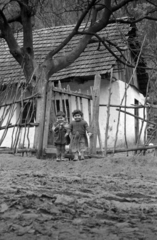 1957, Fortepan/Album027, kids, village, twig fence, mud, Fortepan #148986