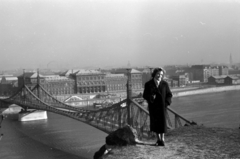 Hungary, Budapest XI., kilátás a Szabadság híd és a Marx Károly Közgazdaságtudományi Egyetem (később Corvinus Egyetem) épülete felé., 1957, Fortepan/Album027, Budapest, picture, lady, coat, Fortepan #149294