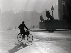 Magyarország, Budapest V., Kossuth Lajos tér, jobbra a Parlament főbejárata., 1938, Szöllősy Kálmán, kerékpár, oroszlán, Budapest, kőoroszlán, Fortepan #149514