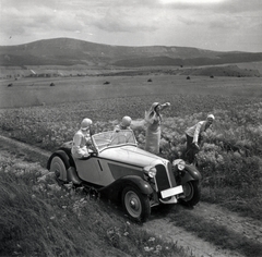 Hungary, Solymár, BMW 319 Roadster személygépkocsi. Háttérben a Kevély-hegycsoport egy része (a Nagy-Kevély és az Ezüst-Kevély)., 1936, Szöllősy Kálmán, fashion, Gerrman brand, women, BMW-brand, posture, automobile, convertible, girls'n'cars, Fortepan #149553