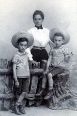 1903, Barna Imre, portrait, boys, twins, mother, brothers, cross-legged standing, striped dress, three people, Fortepan #150042