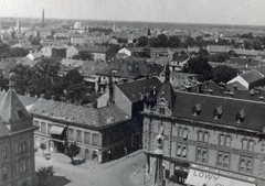 Magyarország, Győr, látkép a Városháza tornyából, Városház (Gróf Tisza István) tér, fent a Szent István (Vilmos császár) útnál az Aradi vértanúk útja torkolata., 1936, Varga Csaba dr., Fortepan #150638