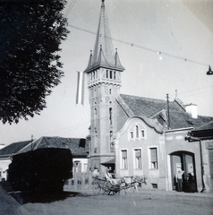 Románia,Erdély, Szászrégen, Strada Mihai Viteazu, református templom. A felvétel a magyar csapatok bevonulása idején készült., 1940, Varga Csaba dr., területgyarapodás, református, Fortepan #151024