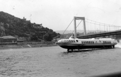 Magyarország, Budapest I., szárnyashajó a Dunán, háttérben balra a Gellért-hegy, jobbra az Erzsébet híd., 1977, Erdős Ferenc, híd, folyó, Duna, vízibusz, szárnyas hajó, kirándulóhajó, Budapest, Duna-híd, Sávoly Pál-terv, Fortepan #151252