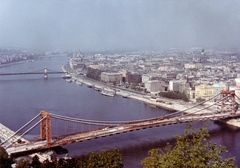 Magyarország, Budapest, az Erzsébet híd építése a Gellérthegyről nézve., 1964, Bujdosó Géza, színes, folyó, hídépítés, Duna, Duna-híd, Sávoly Pál-terv, Fortepan #151435