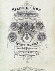 Magyarország, Budapest V., Petőfi Sándor (Koronaherceg) utca - Régi posta (Korona utca) sarkán, Ellinger Ede fényképész., 1900, Gali, műterem, fényképész, hátlap, Budapest, Fortepan #151598