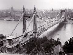 Hungary, Budapest I.,Budapest V., az Erzsébet híd a Gellérthegyről nézve., 1935, Bozzai András, bridge, river, Danube, eclectic architecture, suspension bridge, Duna-bridge, Antal Kherndl-design, Aurél Czekelius-design, Fortepan #151806