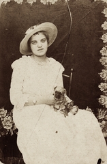 1911, Gyurász Mária, white dress, lady, half-smile, hat, puppy, Fortepan #152004