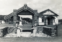 Új-Zéland, Paihia, Te Karuwha Parade, háttérben a Te Tii Waitangi marae (közösségi ház)., 1965, Glück Tibor, Fortepan #153588