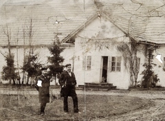 1913, Glück Tibor, railway, uniform, men, moustache, beard, house, pine, Fortepan #153596