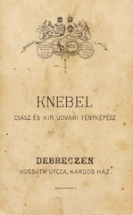 Magyarország, Debrecen, Kossuth utca, Kardos ház, Knébel Jenő fényképész., 1904, Karsai György, műterem, fényképész, hátlap, Fortepan #153838