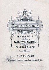 Románia,Erdély, Nagyvárad, Fő utca 4., Matskó Károly fényképész., 1902, Karsai György, műterem, fényképész, hátlap, Fortepan #153854