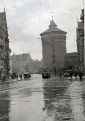 Németország, Nürnberg, Ludwigstor - Am Plärrer sarok, jobbra a Frauentorturm., 1914, Szesztay család, villamos, Fortepan #154169