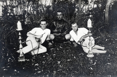 1933, Kiss Zsuzsi, three people, lie in the grass, water pipe, men, Fortepan #155440