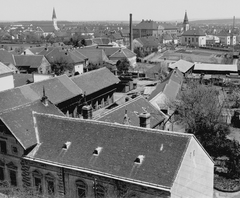 Magyarország, Dombóvár, látkép a Zrínyi Ilona Általános Iskola tűztornyából. Távolban balra az evangélikus templom, középen az Illyés gimnázium, jobbra a református templom látszik., 1936, Erky-Nagy Tibor, látkép, kémény, Fortepan #15567