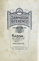 Slovakia, Košice, Fő utca 11., Szamossy Ferenc fényképész., 1908, Zentai Dávid, studio, photographer, verso, Fortepan #156101