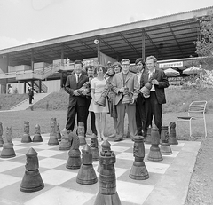 Magyarország, Dombóvár, Balásy Gyula fafaragó iparművész óriás sakkfigurái a gunarasi fürdő területén., 1974, Erky-Nagy Tibor, csoportkép, kerti szék, Fortepan #15612