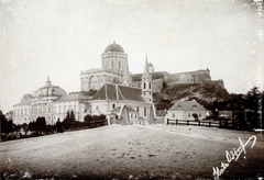 Magyarország, Esztergom, szemben a Kolos híd (később a Kossuth híd épült fel a helyén), mögötte a Prímási Palota és fenn a Bazilika., 1900, Glatz Ödön, templom, híd, Bazilika, férfi, vár, Fortepan #156527