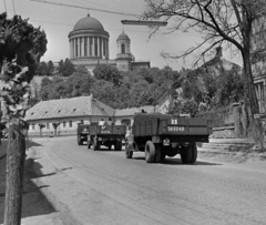 Hungary, Esztergom, MHSz tanuló vezetők tehergépkocsi oszlopa, háttérben a Bazilika., 1965, MHSZ, Hungarian brand, commercial vehicle, Csepel-brand, number plate, Fortepan #15798